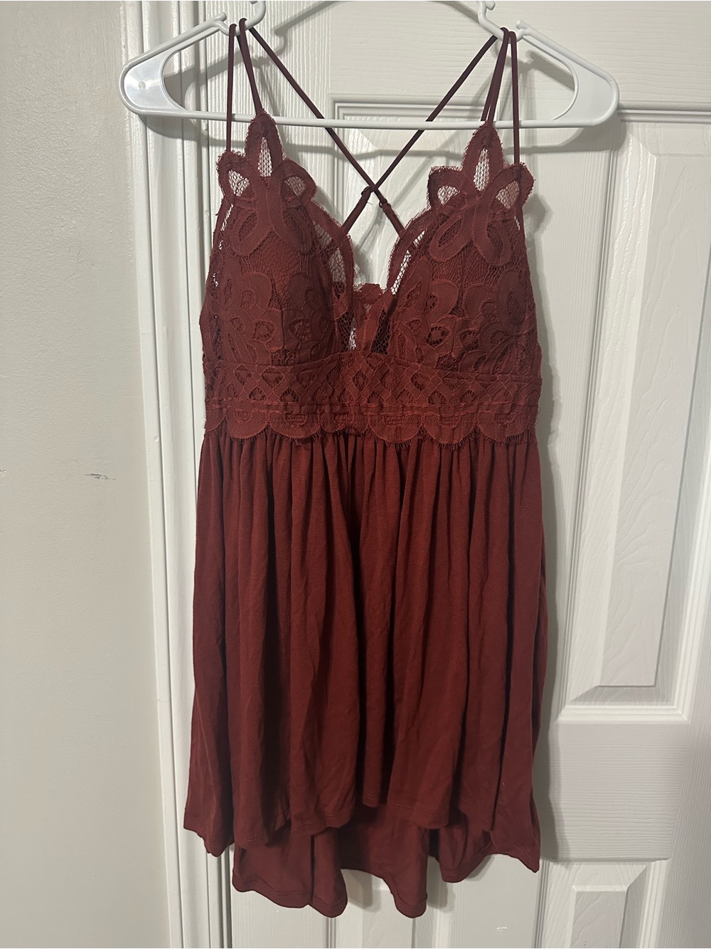 Zenana Outfitters Lace Spaghetti Strap Tunic in Rust